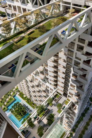 Aerial 'streets' link a pair of high-rise apartment towers in Singapore.