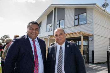 Minister Faafoi and Minister Sio in front of a newly built house in Mangere Auckland